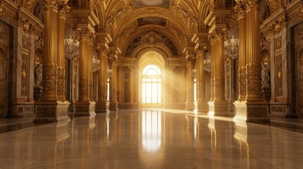 Obraz premium Majestic grand perspective of a golden hall with reflective marble floors and sunlight streaming through an archway.