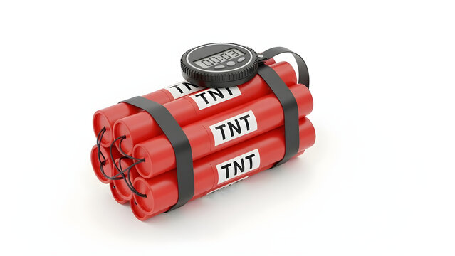 A bundle of red TNT dynamite sticks with an attached digital timer for a realistic explosive prop or action movie cinematic graphic design element