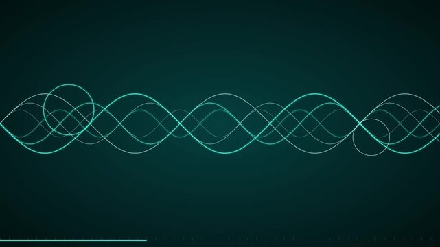 Abstract digital sine wave animation: glowing teal frequency lines on dark 4k background, for technology and, science data visualization