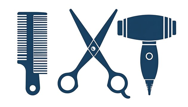 Set of dark blue icons including a comb, scissors, and hairdryer, representing hairdressing and beauty salon services