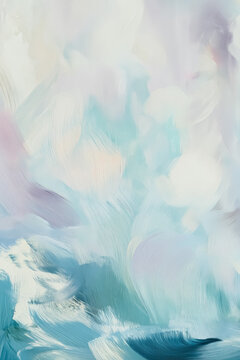 Abstract oil painting featuring soft pastel brushstrokes in a calming blend of blue, teal, purple, and white tones