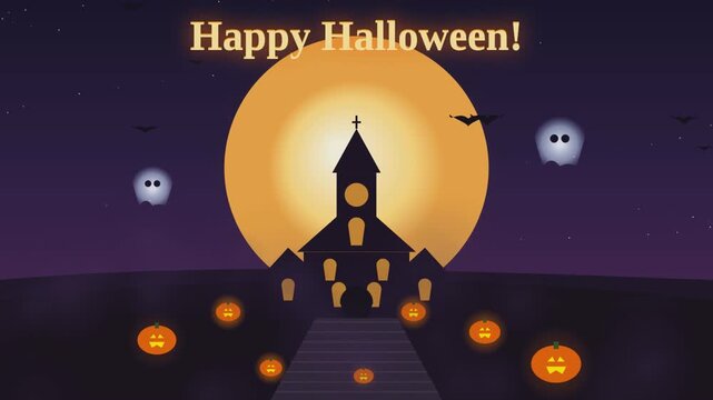 Halloween night scene with pumpkins and spooky house motion animation video loop