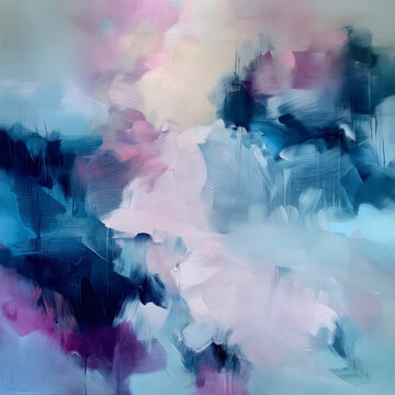 Abstract painting creating a captivating fusion of blue, pink, and purple brushstrokes, conveying movement and depth