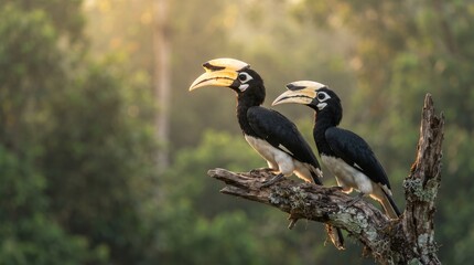 Obraz premium Malabar Pied Hornbill (Anthracoceros coronatus) Perched in a Tropical Forest – Striking Black-and-White Hornbill