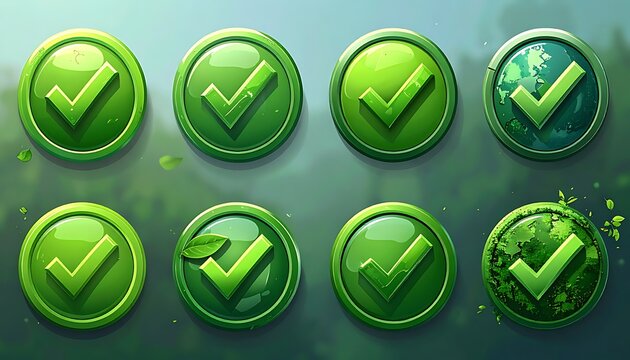 Set of eight green checkmark icons with pixel art details and organic nature elements, representing success and approval