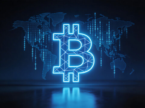Bitcoin symbol on digital world map