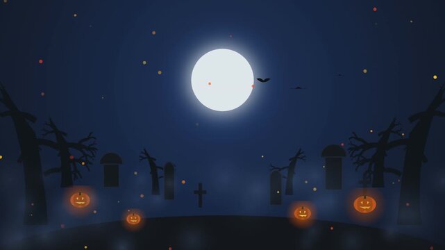 Spooky halloween graveyard background with glowing pumpkins and full motion animation video loop