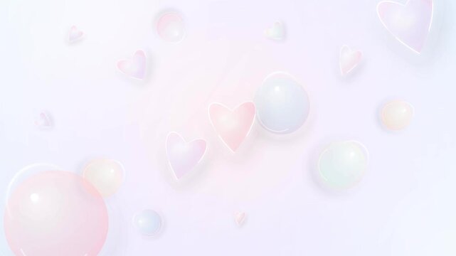 Elegant pastel glass hearts and spheres floating in a luxury romantic motion loop.