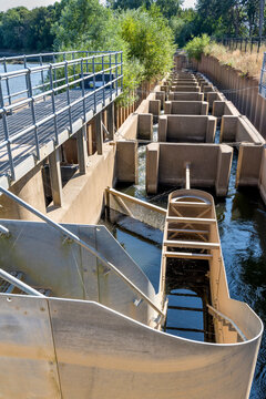 Diglis Fish Pass water chanel,guiding migrating fish past the adjoining river weir,Worcester,England,UK.