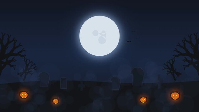 Abstract halloween graveyard scene with floating pumpkins and full motion animation video loop