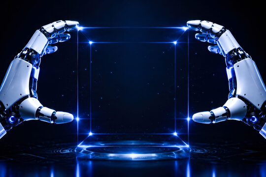 Futuristic robotic hands holding a holographic display frame with editable copy space for product presentation and technology branding
