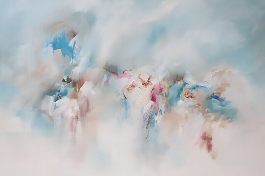Abstract painting creating a calming atmosphere with flowing blue, soft pink, and muted brown hues