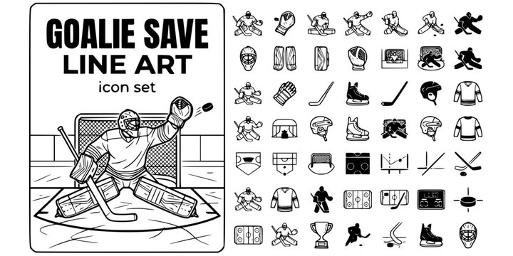 Ice Hockey Goalie Save Line Art Black White-Butterfly Pad Blocker Crease-Goalie Vector-Goalie Icon Line-Hockey Design Set