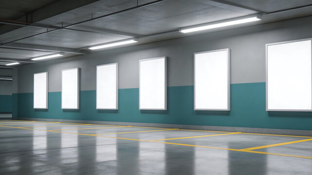 Empty parking garage with blank posters