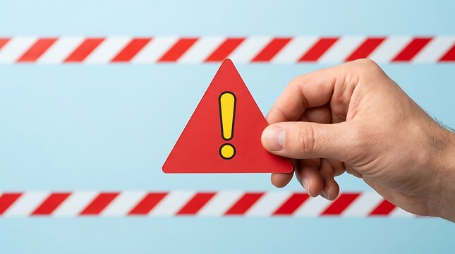 Person hand holding a red triangle warning sign with caution tape in background