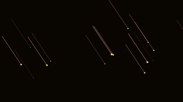 Abstract golden light trails falling on animation 4k black background, minimalist particle motion for digital and technology presentations