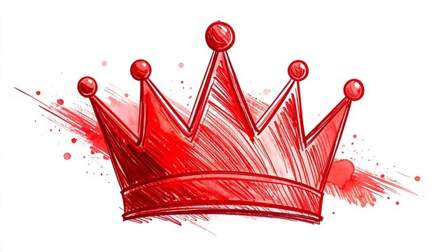 Red watercolor crown emblem with splashes and dots, symbol of royalty and power