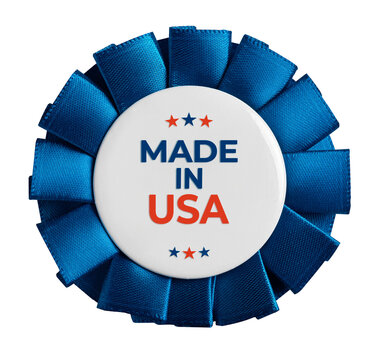 Blue rosette ribbon badge featuring made in usa text and stars, on transparent background