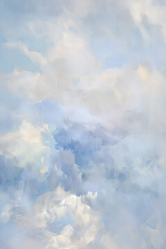 Abstract painting depicting soft clouds floating in a serene blue sky, creating a peaceful and ethereal atmosphere