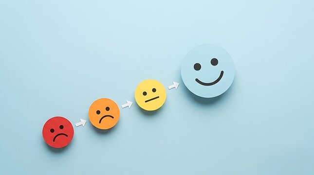 Colorful paper circles showing emotional rating scale from sad to happy