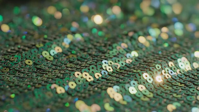Green sequins shimmer and ripple across fabric in a close up horizontal composition video sparkle