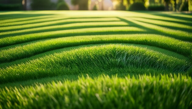 close up photo of green lawn with striped pattern freshly mowed grass shines in sunlight texture of lush grass creates clean outdoor look