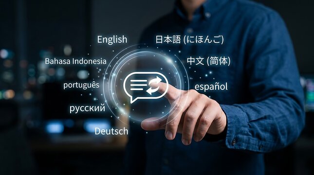 Person touching a digital screen displaying language translation options