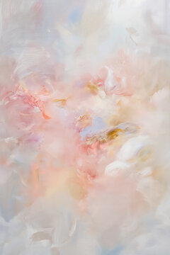 Abstract painting creating a soft pastel dreamscape, showing ethereal brushstrokes and fluid forms, blending light colors