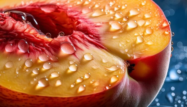 peach fruit slice presenting a close up view of its wet textured surface with water droplets ideal for healthy eating concepts