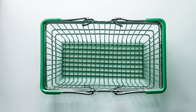 green wire shopping basket from top view supermarket grocery container for retail purchases white background