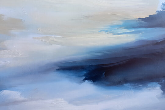Abstract painting showing a cloudy sky or ocean surface with blue, white, and dark blue brushstrokes