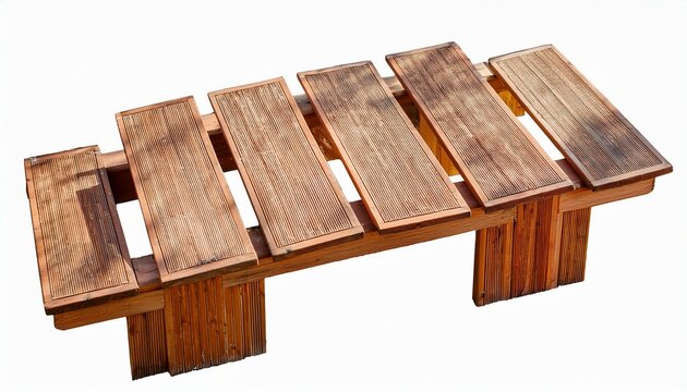 wooden picnic table with attached benches top view outdoor slatted wood furniture isolated white background cut out