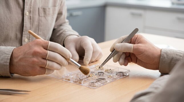 Watchmaker wearing finger cots cleaning tiny clock parts with a brush and tweezers