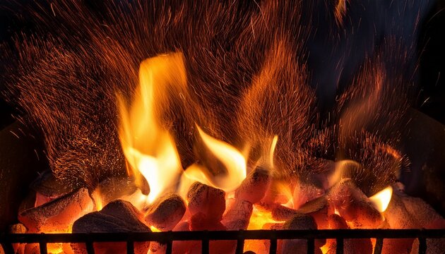 burning coal fire with glowing orange flames