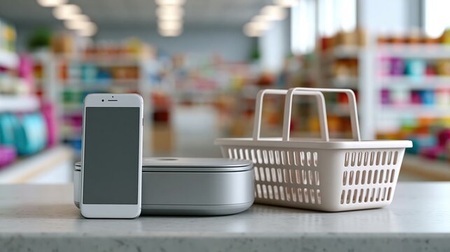 Omnichannel retail journey with smartphone, laptop device, and shopping basket on counter