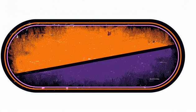 rounded rectangular grunge label in orange black and purple