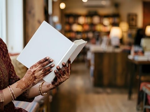Woman with henna-decorated hands reading open book in modern bookstore or caf&eacute; setting with warm ambient lighting and blurred background.