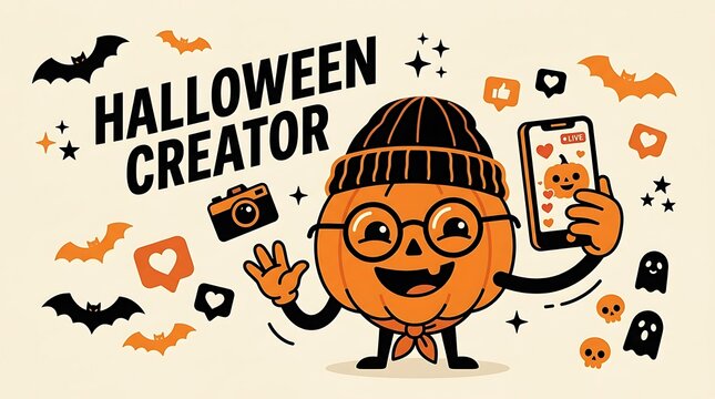 Halloween creator cartoon character taking selfie with camera and phone , Happy halloween 2026, Halloween 2026, Halloween, Halloween design, Halloween Poster Design .