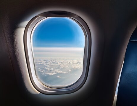 empty airplane window frame with white background perfect for showcasing landscapes or adding a travel touch to designs