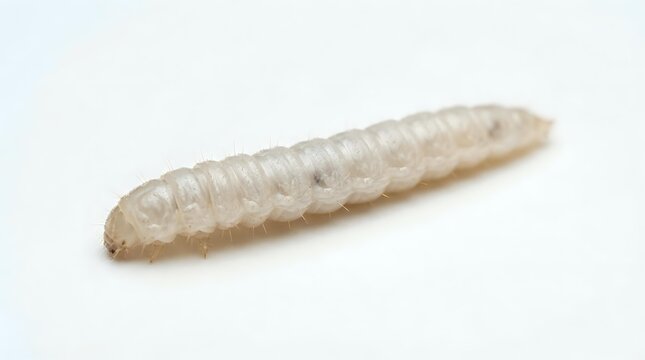 Pale segmented larva or grub specimen isolated on white background, suitable for educational, scientific, and entomological reference materials.