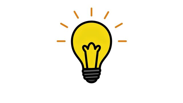 A simple cartoon illustration of a glowing yellow light bulb representing a creative idea or inspiration on a white background