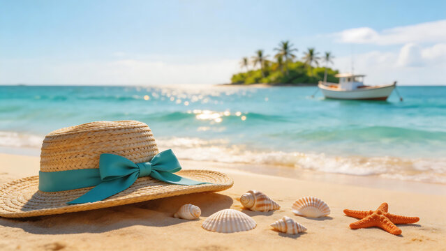 Beach hat shells and boat in water
