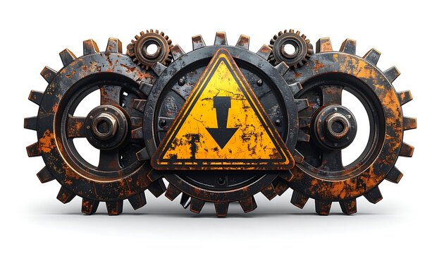 Rusty industrial gears with hazard warning sign, concept for danger, mechanical failure, or industrial accident