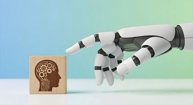 Robotic Hand Touching a Wooden Block with a Human Brain Gear Icon Representing Artificial Intelligence and Cognitive Machine Learning