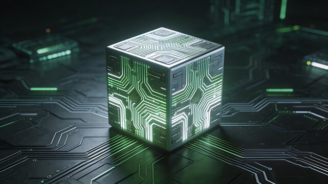 Cube with glowing circuit board design