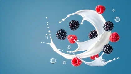 Fresh raspberries and blackberries flying in white milk or yogurt splash with water bubbles on blue background healthy dairy product commercial banner illustration © Andrii