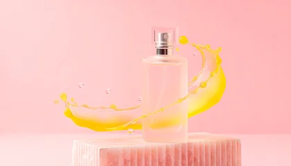 Luxury perfume frosted glass bottle mockup on pink marble podium pedestal with dynamic yellow oil or juice water splash wave dynamic cosmetic ad banner illustration © Andrii