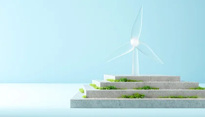 Glass wind turbine model on concrete step podium with green moss eco friendly renewable energy global warming presentation concept copy space illustration © Andrii