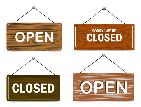 Set of wooden open and closed signs on transparent background