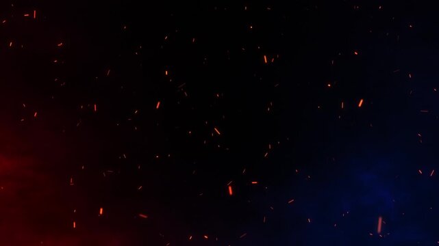 Realistic fire sparks rising on a red and blue sky with smoke and haze. Epic burning fire particles and ashes dynamic motion on a night sky. Hot fire background, heat and flares of glowing flames. 4k.